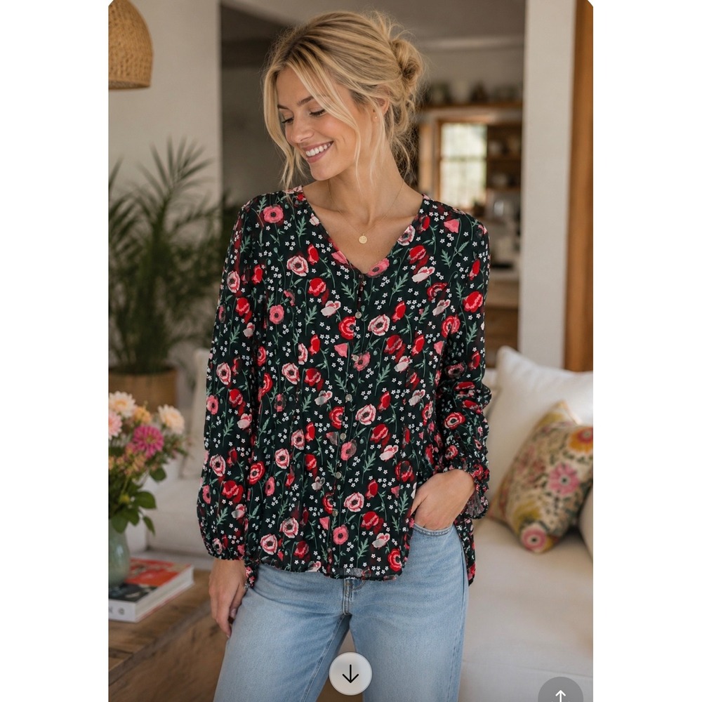 Matilda Jane Womens Floral Button Down Blouse Green Red Poppy‎ Rayon Top Small